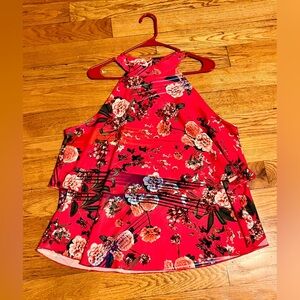 Isle Floral Halter Neck Button Chiffon Layered Sleeveless Tropical Beach LG Top